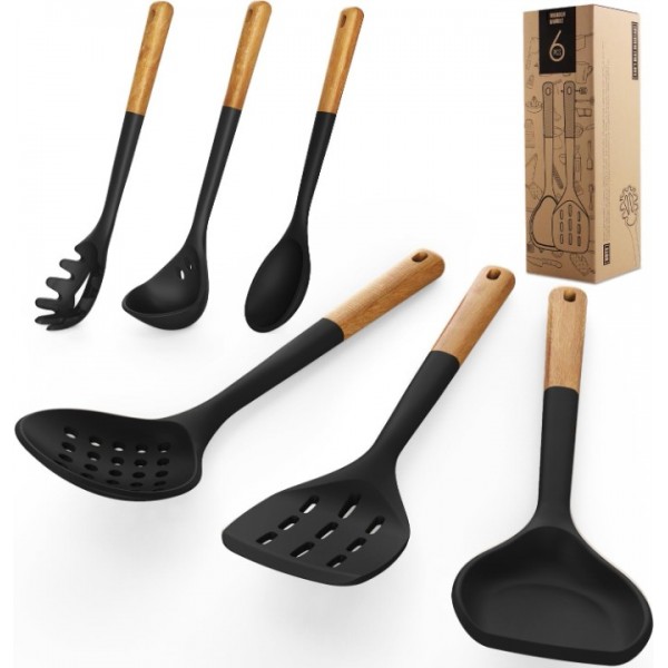 Large Silicone Cooking Utensils Set - Heat Resistant Silicone Kitchen Utensils for Cooking w Wooden Handles, Spatula Set, Kitchen Utensil Gadgets Sets for Non-Stick Cookware, BPA Free (Black)