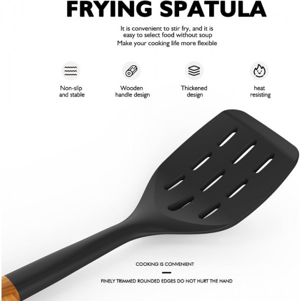 Large Silicone Cooking Utensils Set - Heat Resistant Silicone Kitchen Utensils for Cooking w Wooden Handles, Spatula Set, Kitchen Utensil Gadgets Sets for Non-Stick Cookware, BPA Free (Black)