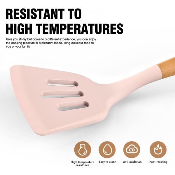 Silicone Cooking Utensils Set - Silicone Kitchen Utensils for Cooking Wooden Handles, 446°F Heat Resistant Kitchen Utensil Spatula Sets w Holder, Gadgets for Non-Stick Cookware BPA FREE (Multicolour)